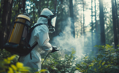 a man in chemical protection sprays gas disinfection from parasites and ticks in the spring safety from viruses forest and gardens
