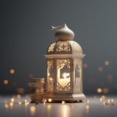 View of 3d islamic lantern. a lantern with glittery balls and candles