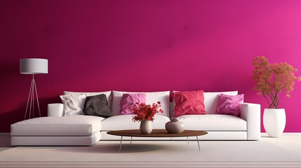 A modern living room with a statement-making fuchsia accent wall, a sleek white sectional, and a glass coffee table, combining bold color with contemporary design.