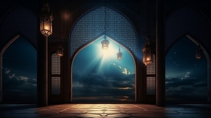 The interior of an islamic mosque is illuminated by moonlight through the window.