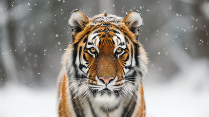 Fototapeta na wymiar Tiger im Winter mit Schnee - Frontal Nachaufnahme