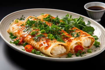 Pancakes with cottage cheese sprinkled with herbs on a white plate