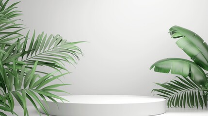 White podium with leaves