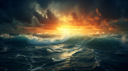 The sea is raging with the sun peeking through the clouds. - obrazy, fototapety, plakaty