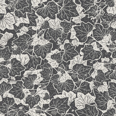 Black and white elegant maple leaves pattern. Neutral hand-drawn autumn leaf and pumpkin tendrils illustration. Feminine and lush design for thanksgiving and winter season. 