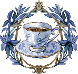 Watercolor vintage tea cup in antique frame - 721446845