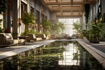 Urban Oasis Hotel Lobby with a Reflecting Pool - obrazy, fototapety, plakaty