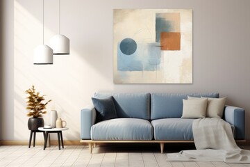 Living Room With Blue Couch and Painting on Wall