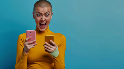 woman with a shaved head, dressed in a yellow turtleneck, is holding a smartphone and expressing excitement or surprise with a wide-open mouth against a vibrant teal background