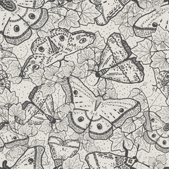 Black and white tattoo art of whimsical, flying moths or butterflies. Hand-drawn ink line bugs pattern in toile style. Monochrome insect illustration has a neutral, yet witchcraft and sorcery feel.