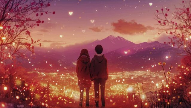 anime couple back view at the countryside and light, seeing the mountain