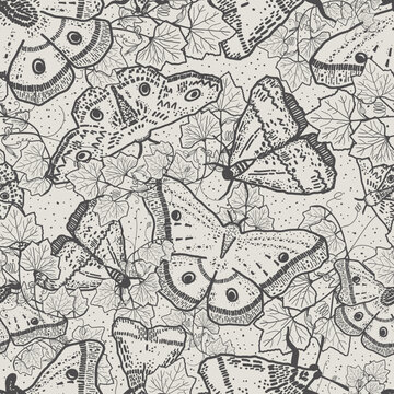 Black and white tattoo art of whimsical, flying moths or butterflies. Hand-drawn ink line bugs pattern in toile style. Monochrome insect illustration has a neutral, yet witchcraft and sorcery feel.