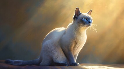  regal Burmese cat basks in the warm glow of sunlight, showcasing its sleek, short fur in a lustrous blue hue. The elegant feline is in its element, exuding an air of tranquility and sophistication