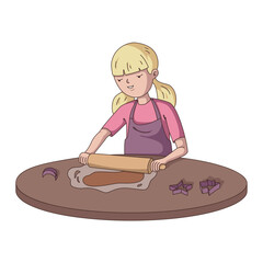 A young girl, a child with light hair wearing an apron, rolls out the dough on the table. A smiling teenager is preparing cookies in the kitchen. Vector illustration in flat style.
