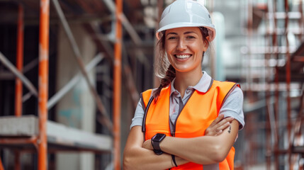 woman with a confident smile is wearing a white hard hat and reflective orange safety vest, standing at a construction site with scaffolding in the background - obrazy, fototapety, plakaty