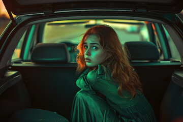 kidnapped woman after party in beautiful dress girl lying in the trunk car, security concept, Scare at parking car place, criminal concept - obrazy, fototapety, plakaty