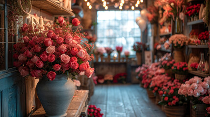 Fototapeta na wymiar Enchanting Valentine's Day Flower Shop: Romantic Blooms and Festive Ambiance in a Floral Haven - Perfect for Love's Celebration | Ai Generated