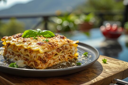 Rustic wooden table with a plate of Italian lasagna Bolognese garnished with fresh basil leaves. Bright summer restaurant terrace overlooking a beautiful Mediterranean seascape.