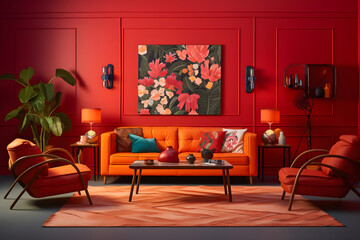 Vibrant living room with bold red walls eclectic furnish