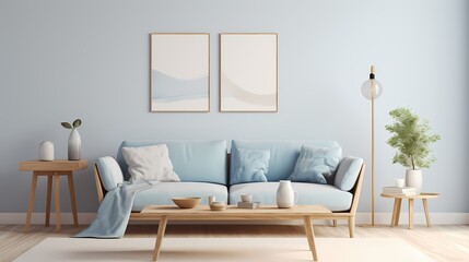 Fototapeta na wymiar A serene living room in shades of pastel blue, featuring a comfortable sky blue sofa, a white fluffy rug, and a wooden coffee table, evoking a sense of calm and tranquility.