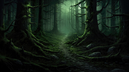 realistic long path in a forest, evening scene