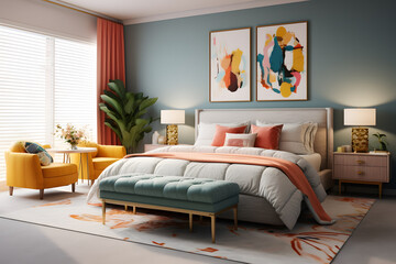 Vibrant master bedroom with an eclectic mix of colorful tone - obrazy, fototapety, plakaty
