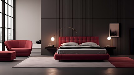 A minimalist bedroom featuring a crimson bedframe amidst simple d?(C)cor, emphasizing clean lines and a serene atmosphere.