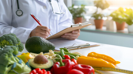 Healthcare professional, presumably a dietitian or nutritionist, with a clipboard in hand, writing notes in front of a table filled with various fresh vegetables - obrazy, fototapety, plakaty