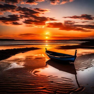 sunset on the sea ,A stunning image of a vibrant sunset with clouds reflected on the wet sand during low tide, with a silhouette of a boat in the distance.