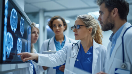 Fototapeta premium Group of medical professionals is intently examining a series of brain MRI scans displayed on a lightbox in a hospital or clinic setting.