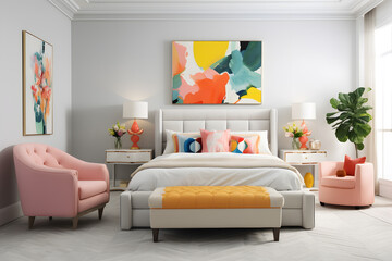 Vibrant master bedroom with an eclectic mix of colorful tone
