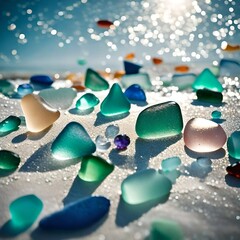 beads on a blue background ,A handful of sea glass and gemstones, sparkling in the sunlight as they are tossed into the air on a breezy beach.