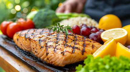 Grilled salmon fillet with fresh herbs, lemon wedges, and grapes, with vegetables in the background