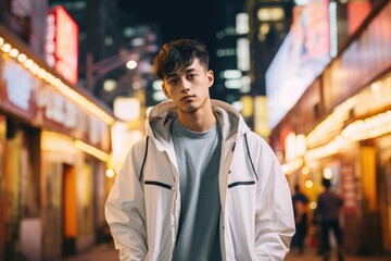Fototapeta premium Young Man Standing on City Street at Night, Looking at His Smartphone