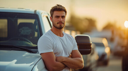 Early 30s handsome strong man standing next to his white pickup truck wearing a t-shirt in a urban city area at country side