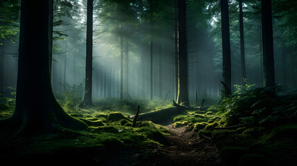 A vew of foggy forest. Fairy tale spooky looking woods in a misty day