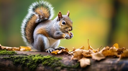 Naklejka na ściany i meble A close-up camera captures a squirrel eating its meal.