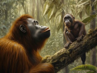 Orangutans in Misty Rainforest Contemplating Nature