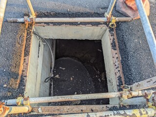 Man hole under ground trench with scaffolding hard barricade. The photo is suitable to use for...