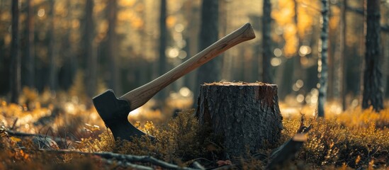 Axe wields power over stubborn stumps, clearing the dense woods with each resolute swing of the Axe, revealing the triumph of nature's conquest. - obrazy, fototapety, plakaty