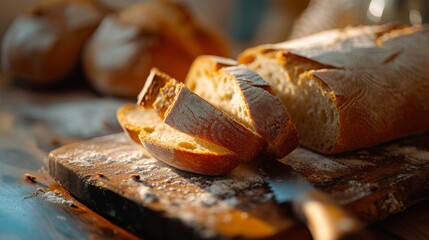 Sliced Artisan Bread Loaf with Crispy Crust on Wooden Board