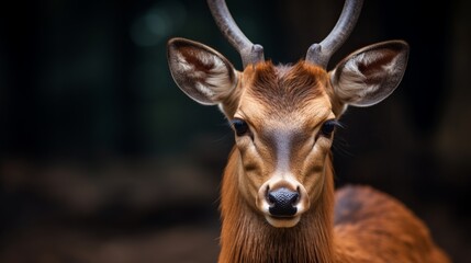 A close-up shot of a brown western sitatunga at a zoo.