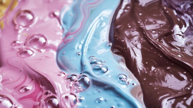 Glossy Liquid Swirls of Pink and Chocolate Paint with Droplets