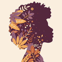 Silhouette d'une jeune femme africaine et décor végétal - Illustration vectorielle pour les droits des femmes et le Girl power - Journée internationale - 8 mars - illustration positive moderne © Manon