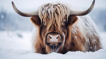 A long-haired, fluffy brown yak with long horns is grazing in the snow