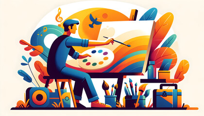 Modern Artist at Work Vector Illustration - Flat Design Painter Creating Sunrise Abstract Artwork, Artistic Creativity Concept