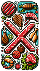 Vibrant BBQ Feast Illustration: Grilled Meats Assortment with Condiments - Food Art Concept, Barbecue Party & Culinary Delights Theme