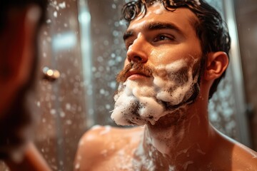 A man is standing in front of the mirror in the bathroom and shaving his beard with an electric razor.