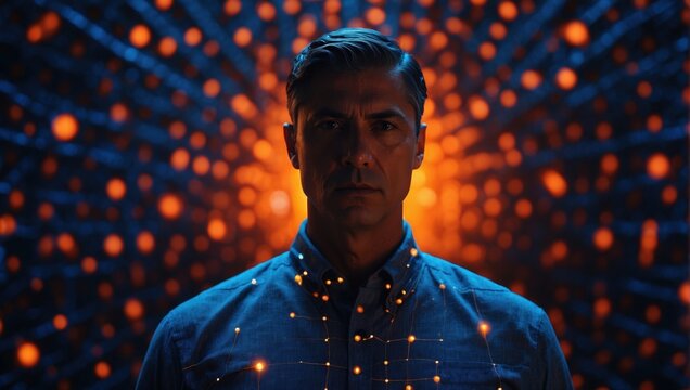 individual surrounded by a network of digital connections in a dark environment illuminated by blue and orange bokeh lights integrated into his clothing. fusion of man with technology and cyberspace