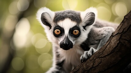 Fototapeta premium A picture of a ring-tailed lemur standing on a tree at the zoo.